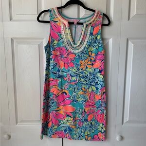 Lilly Pulitzer Blue and Pink Embellished Sleeveless Sheath Mini Dress